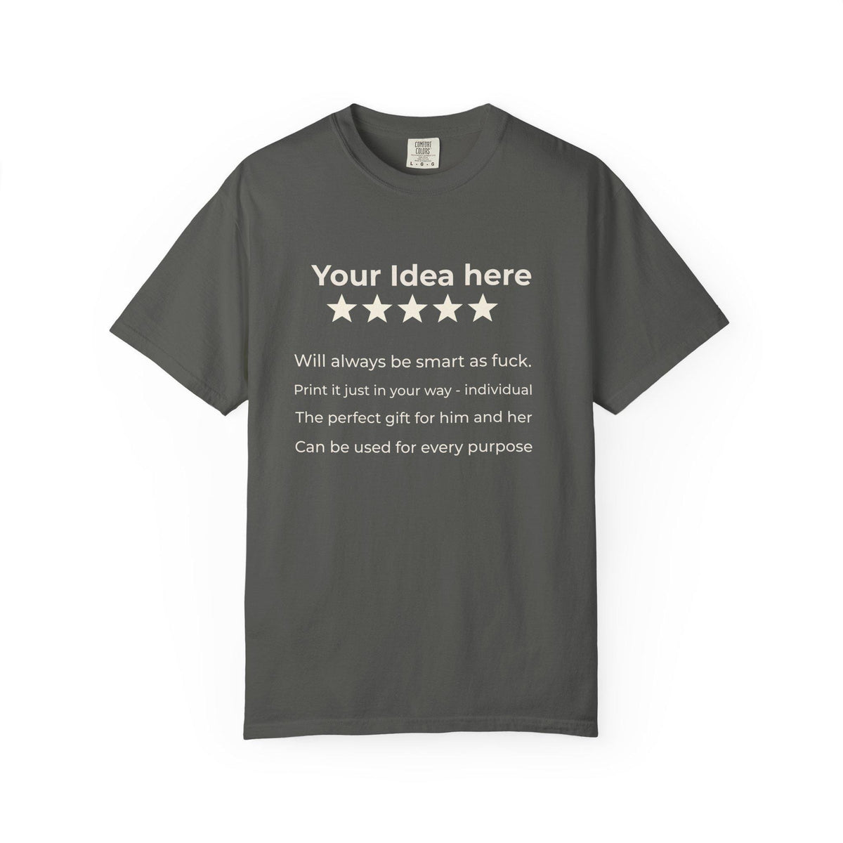 Pepper personalized 5-star review T-shirt by SarcasmArt template with Your idea here, five stars and custom text lines.