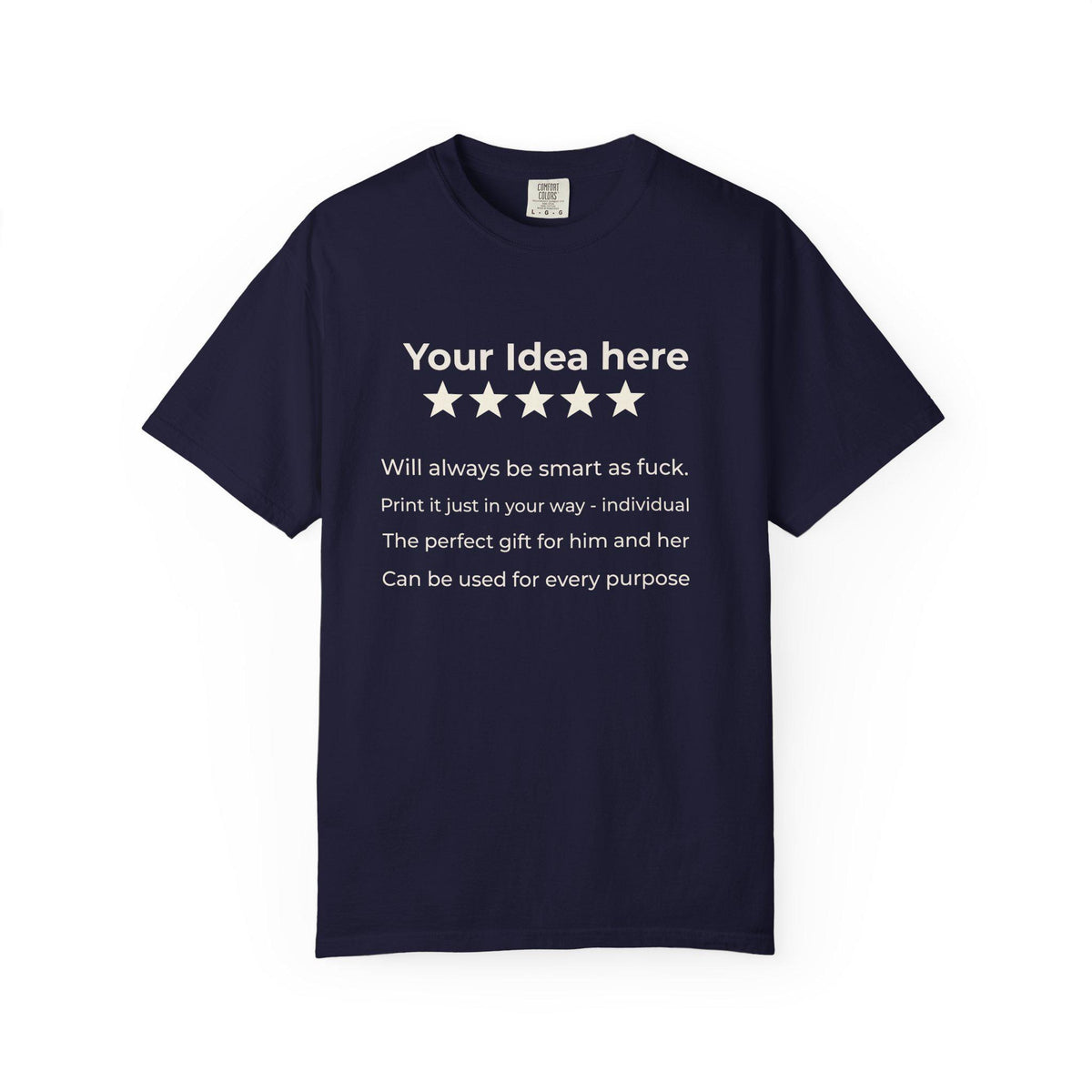 True Navy personalized 5-star review T-shirt by SarcasmArt template with Your idea here, five stars and custom text lines.