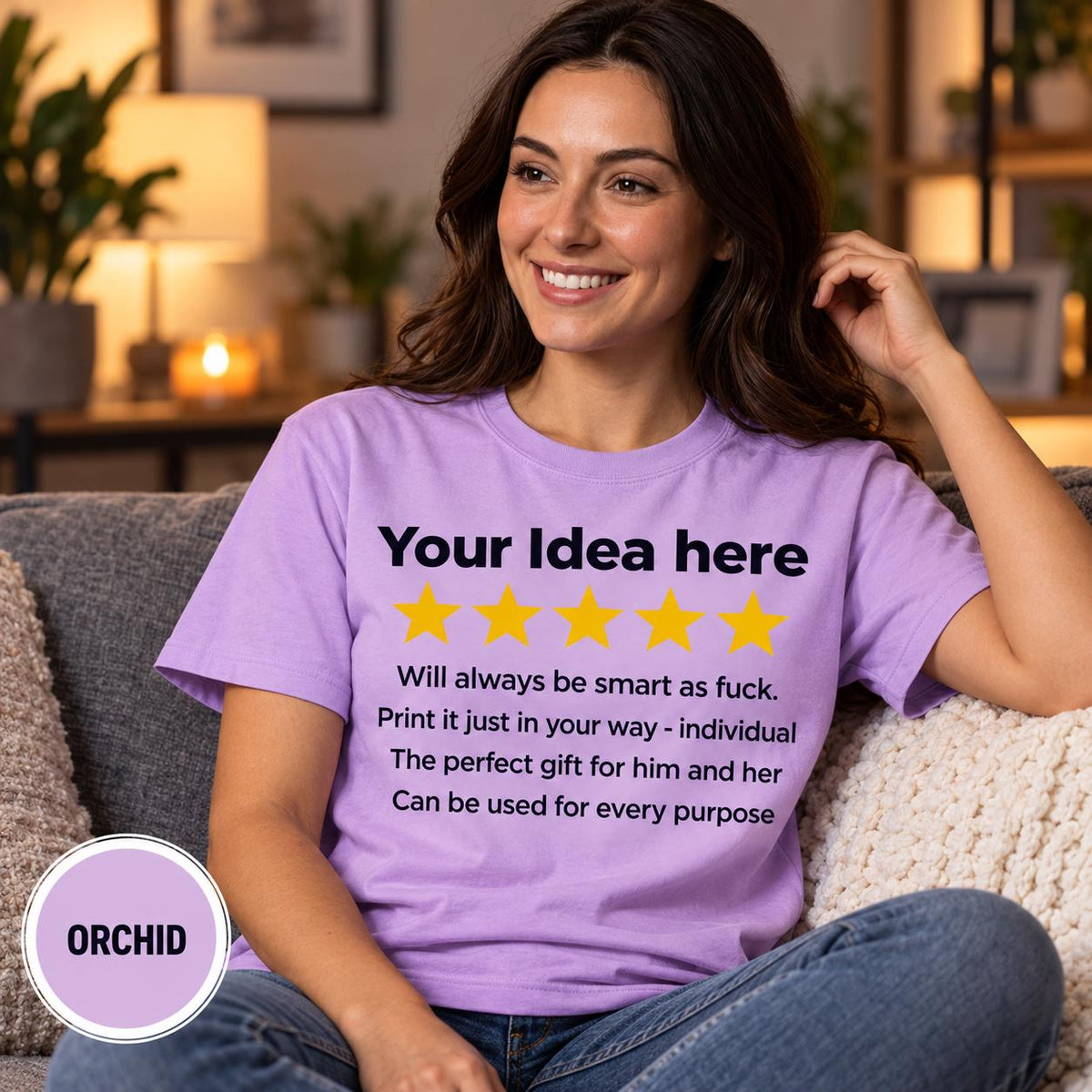Smiling woman on a cozy sofa wearing the personalized golden 5-star review T-shirt for light colors by SarcasmArt in Orchid.