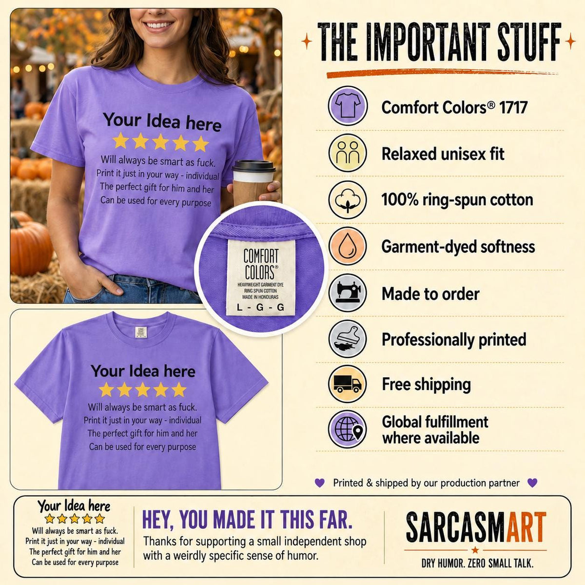 The important stuff about the personalized golden 5-star review T-shirt for light colors by SarcasmArt: Comfort Colors 1717, relaxed unisex fit, 100% ring-spun cotton, garment-dyed softness, made to order, professionally printed, free shipping.