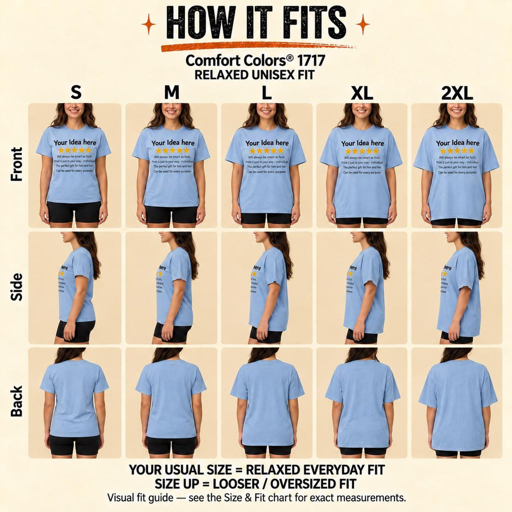 How the personalized golden 5-star review T-shirt for light colors by SarcasmArt fits: front, side and back views in sizes S to 2XL – usual size for a relaxed everyday fit, size up for oversized.
