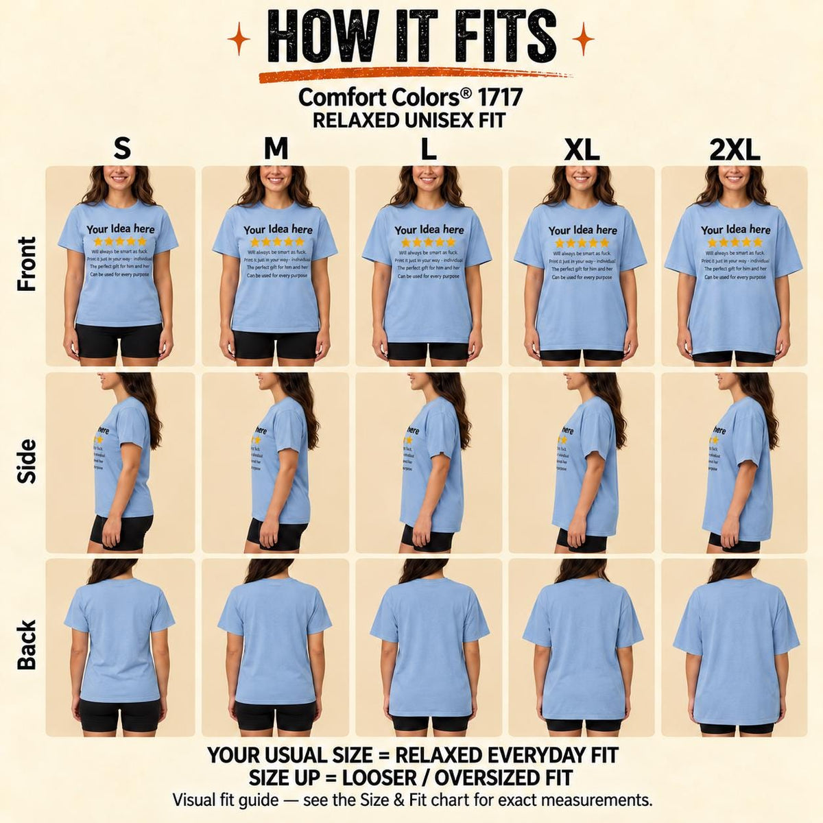 How the personalized golden 5-star review T-shirt for light colors by SarcasmArt fits: front, side and back views in sizes S to 2XL – usual size for a relaxed everyday fit, size up for oversized.