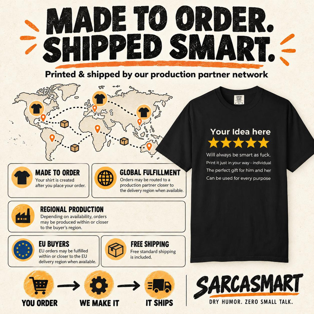 Made to order, shipped smart: the personalized golden 5-star review T-shirt by SarcasmArt is printed and shipped by our production partner network with regional production, global fulfillment and free shipping.