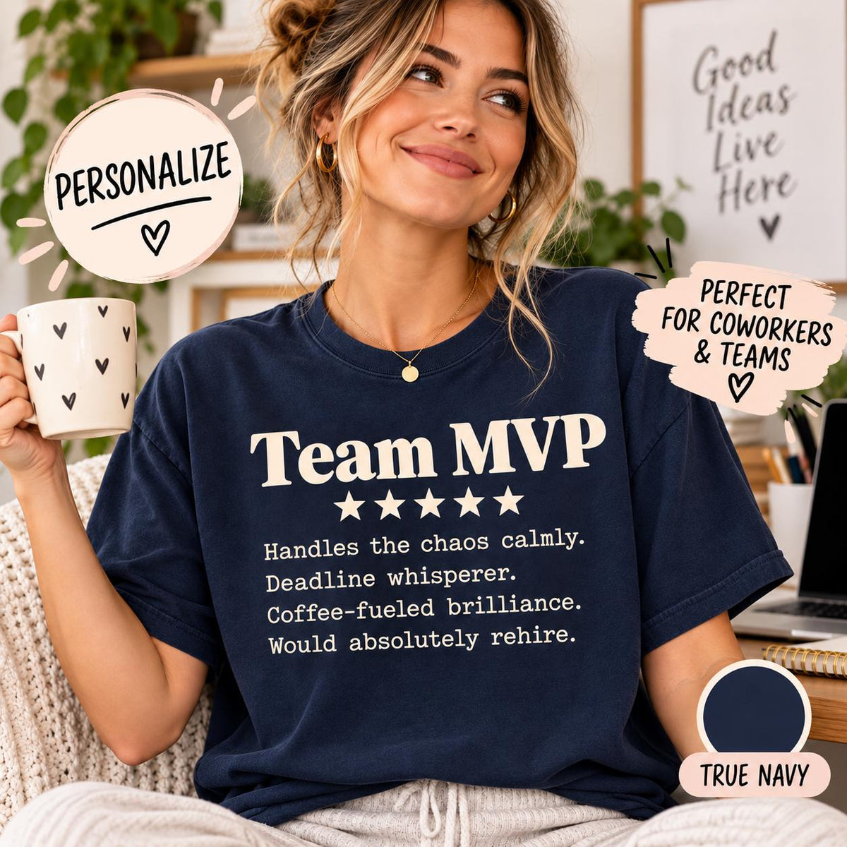 Personalized example: woman wearing the personalized 5-star review T-shirt by SarcasmArt in True Navy reading Team MVP – perfect for coworkers and teams.