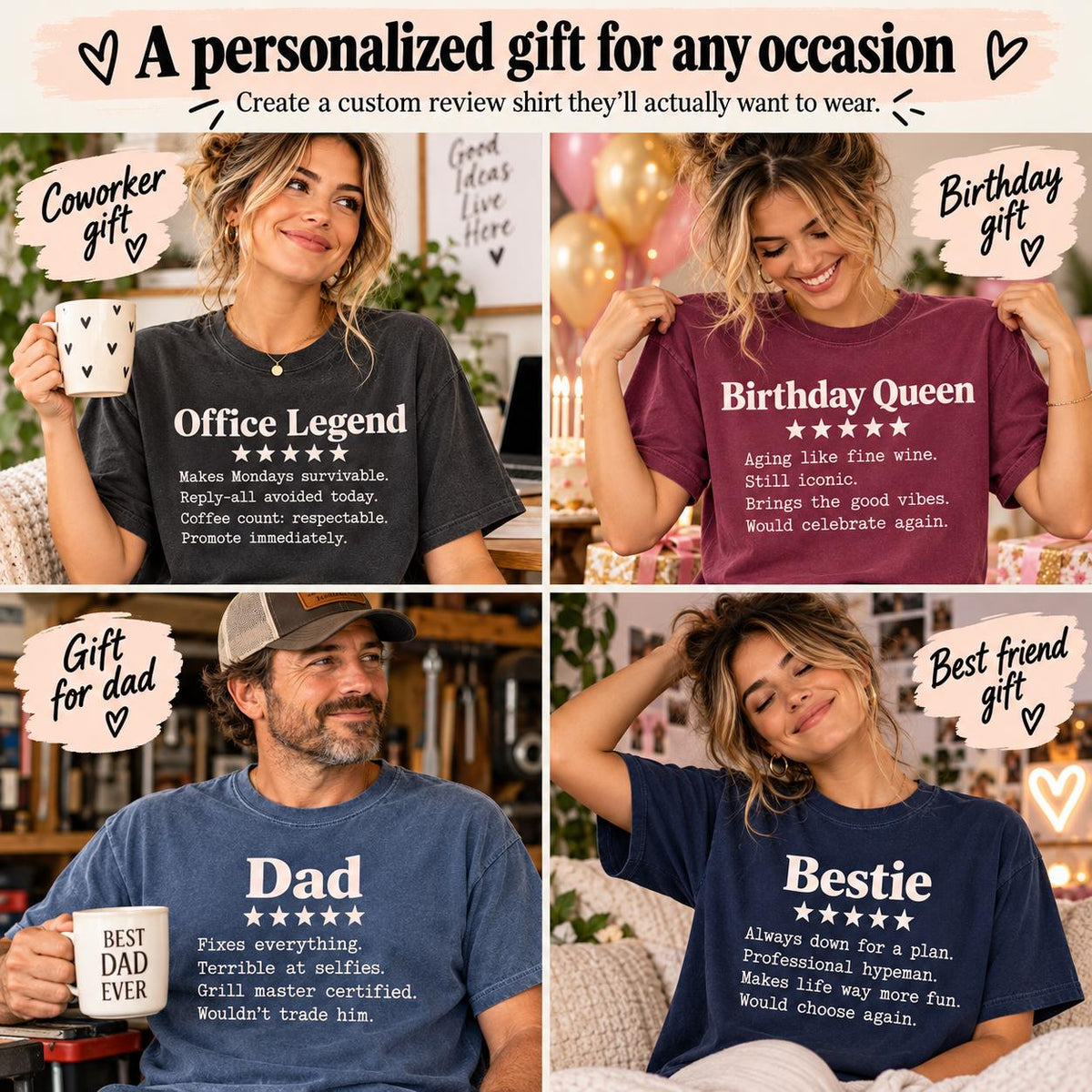 A personalized gift for any occasion: the personalized 5-star review T-shirt by SarcasmArt as Office Legend, Birthday Queen, Dad and Bestie versions – create a custom review shirt for anyone.