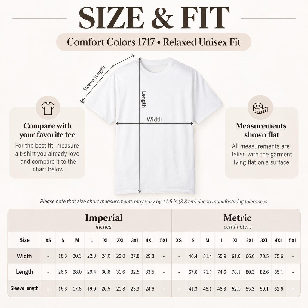 Size and fit chart for the personalized 5-star review T-shirt by SarcasmArt (Comfort Colors 1717, relaxed unisex fit): imperial and metric width, length and sleeve measurements.