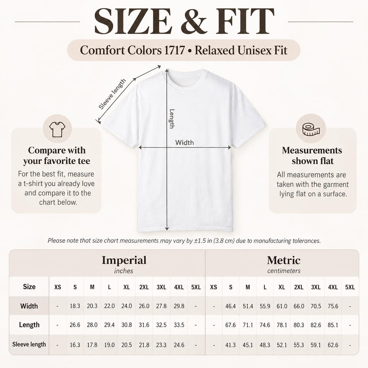 Size and fit chart for the personalized 5-star review T-shirt by SarcasmArt (Comfort Colors 1717, relaxed unisex fit): imperial and metric width, length and sleeve measurements.