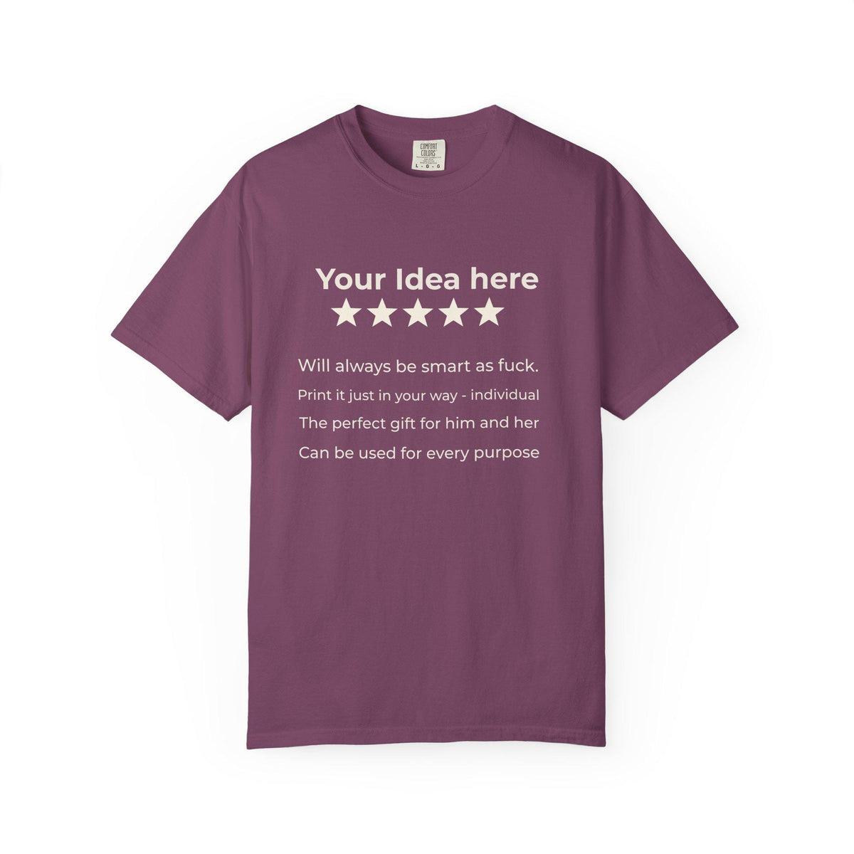 Berry personalized 5-star review T-shirt by SarcasmArt template with Your idea here, five stars and custom text lines.