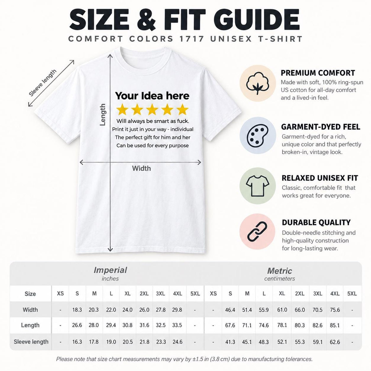 Size and fit guide for the personalized golden 5-star review T-shirt for light colors by SarcasmArt (Comfort Colors 1717 unisex): premium comfort, garment-dyed feel, relaxed unisex fit, durable quality, with imperial and metric size table.