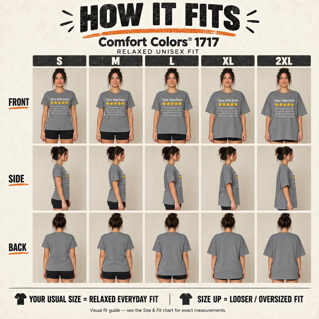 How the personalized golden 5-star review T-shirt by SarcasmArt fits: front, side and back views in sizes S to 2XL – usual size for a relaxed everyday fit, size up for oversized.