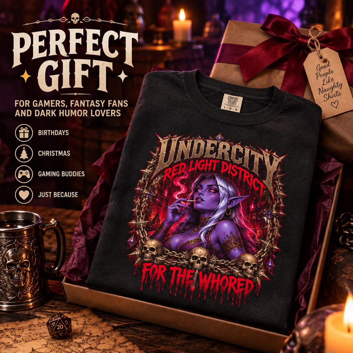 Perfect gift: the Black "Undercity Red Light District" dark humor gamer T-shirt by SarcasmArt in a gift box – for gamers, fantasy fans and dark humor lovers, for birthdays, Christmas and Halloween.