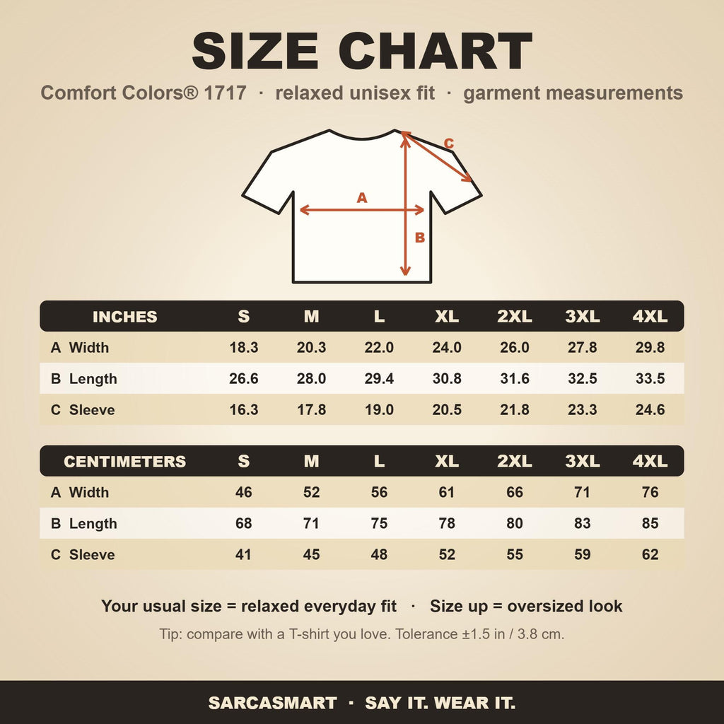 Size chart for the "Pew Pew Madafakas" capybara meme T-shirt by SarcasmArt (Comfort Colors 1717): relaxed unisex fit, garment measurements in inches and centimeters for sizes S to 4XL.