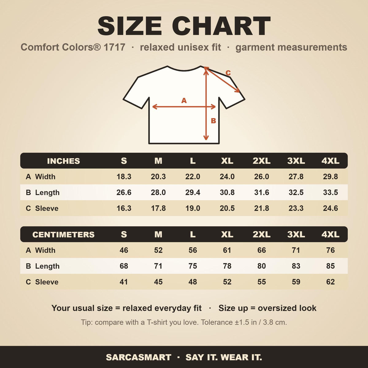 Size chart for the "Pew Pew Madafakas" capybara meme T-shirt by SarcasmArt (Comfort Colors 1717): relaxed unisex fit, garment measurements in inches and centimeters for sizes S to 4XL.