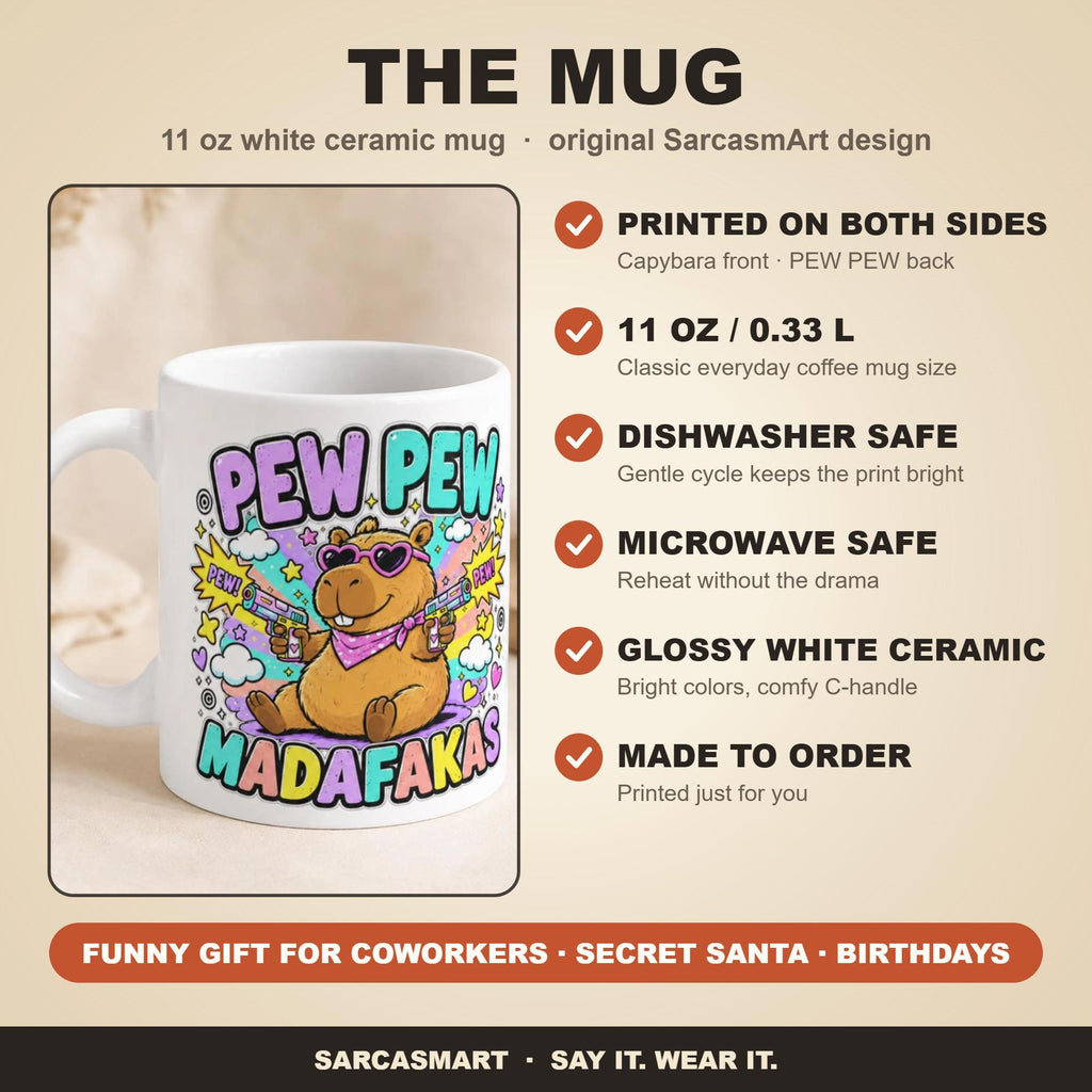 The mug behind the "Pew Pew Madafakas" capybara coffee mug by SarcasmArt: printed on both sides, 11 oz / 0.33 l, dishwasher safe, microwave safe, glossy white ceramic, made to order – a funny gift for coworkers, Secret Santa and birthdays.