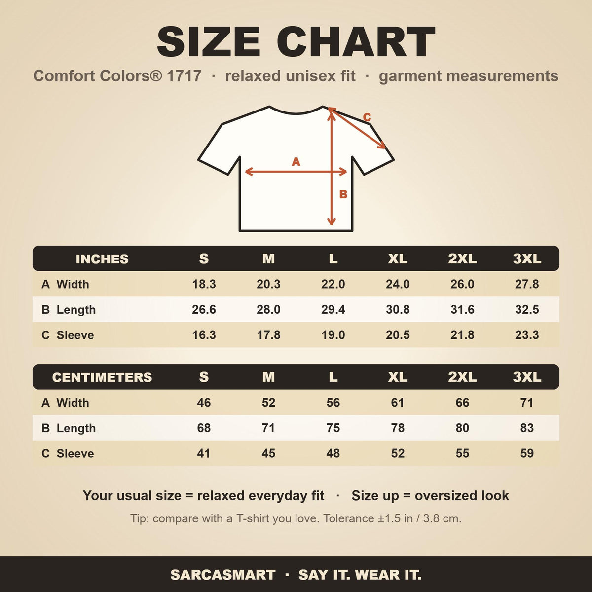 Size chart for the "I'd Agree With You But Then We'd Both Be Wrong" sarcastic quote T-shirt by SarcasmArt (Comfort Colors 1717): relaxed unisex fit, garment-dyed measurements in inches and centimeters – your usual size for an everyday fit, size up for a looser look.