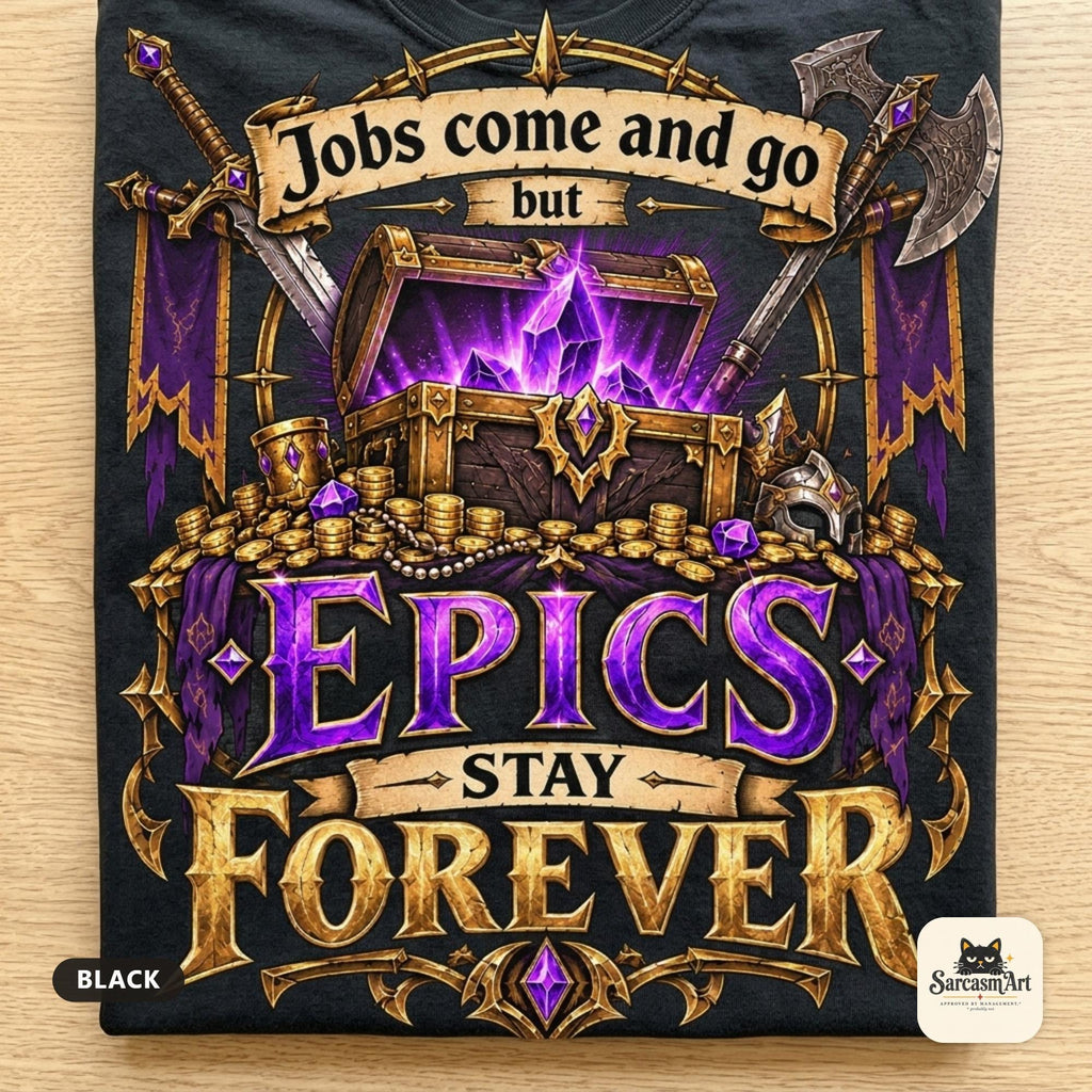 Flat lay of the Black "Epics Stay Forever" funny gamer T-shirt by SarcasmArt, showing the full the quote "Jobs come and go but EPICS STAY FOREVER" above a glowing purple loot chest in a gold fantasy frame with crossed axes front print.