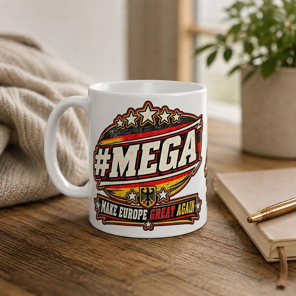 The "#MEGA Make Europe Great Again" Germany coffee mug by SarcasmArt on a breakfast table with a croissant and a knitted blanket.