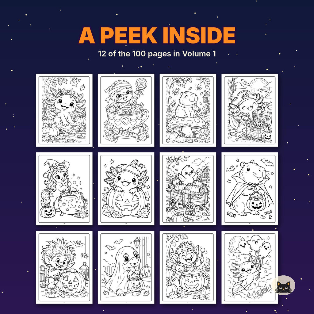 May include: A coloring book titled A PEEK INSIDE, 12 of the 100 pages in Volume 1, featuring black and white line art illustrations of axolotls, capybaras, and mythical creatures in Halloween-themed settings like pumpkins and costumes.