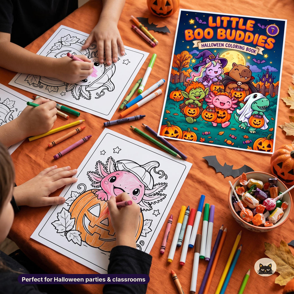 May include: A Little Boo Buddies Halloween coloring book with a colorful cover featuring cartoon creatures and pumpkins, alongside several black and white coloring pages being colored with crayons on an orange tablecloth.