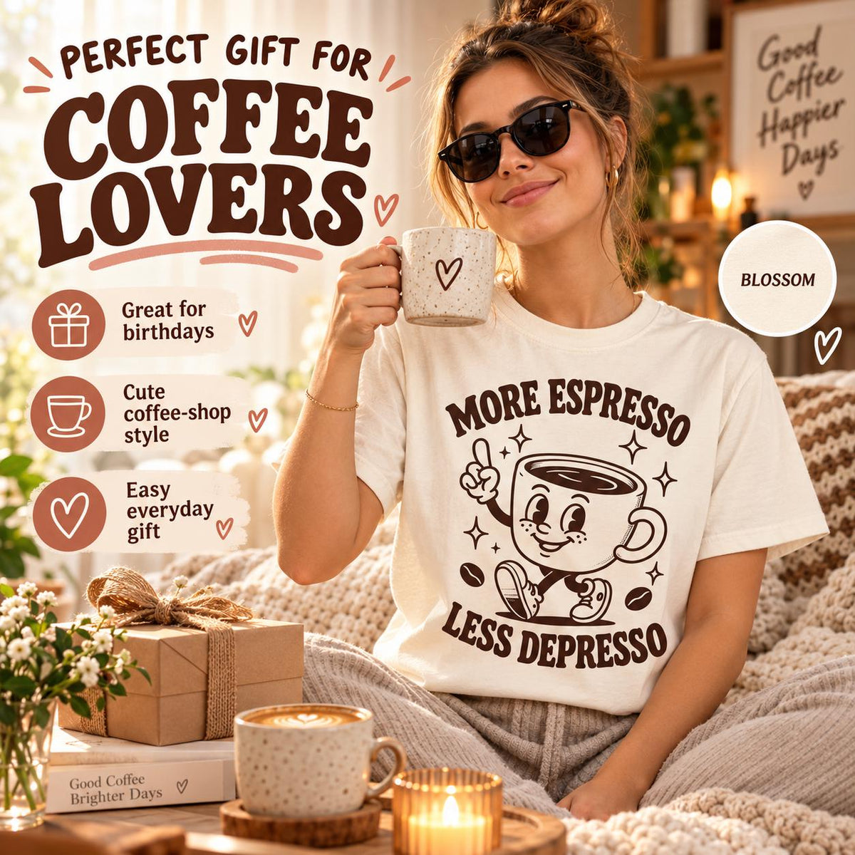 Perfect gift for coffee lovers: woman in sunglasses holding a coffee and wearing the Ivory "More Espresso, Less Depresso" retro coffee T-shirt by SarcasmArt – great for birthdays and coffee shop style.