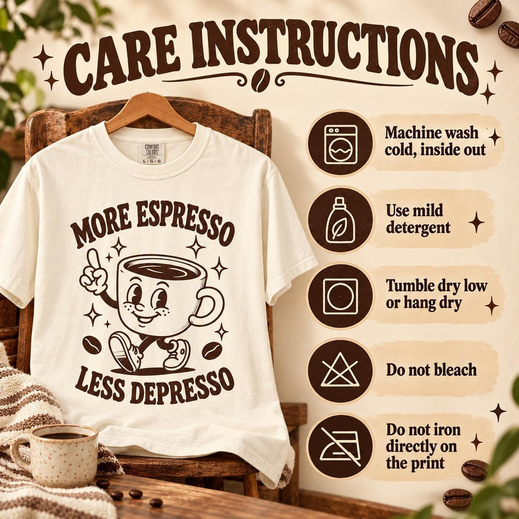 Care instructions for the "More Espresso, Less Depresso" retro coffee T-shirt by SarcasmArt: machine wash cold inside out, mild detergent, tumble dry low or hang dry, no bleach, do not iron directly on the print.