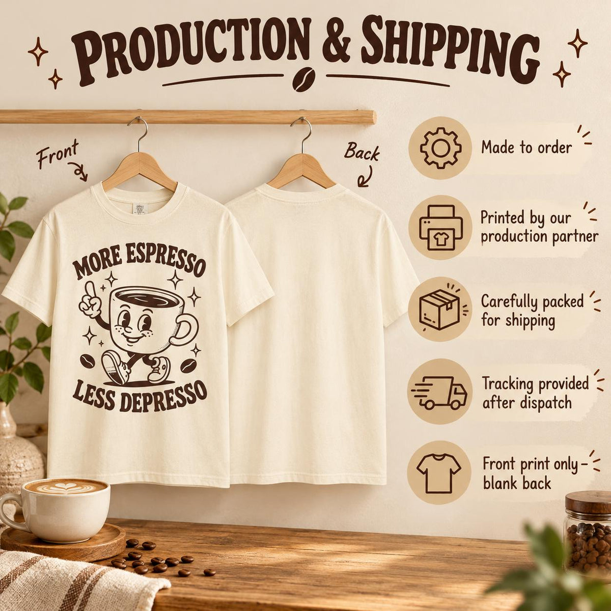 Production and shipping for the "More Espresso, Less Depresso" retro coffee T-shirt by SarcasmArt: made to order, printed by our production partner, carefully packed and tracking provided after dispatch.