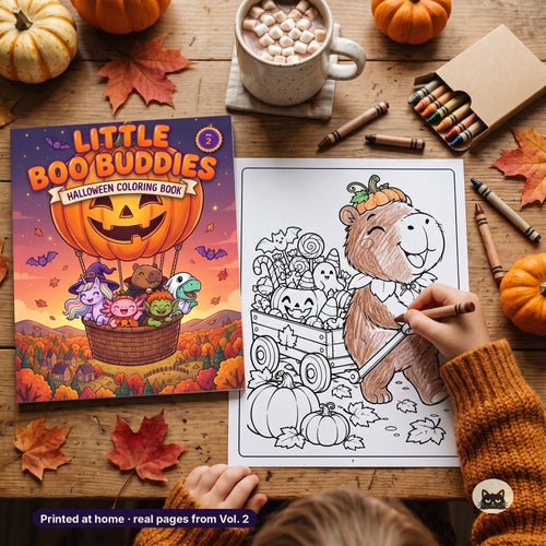 May include: A Halloween coloring book titled Little Boo Buddies Vol. 2 featuring a pumpkin hot air balloon with cartoon characters. Next to it, a partially colored page shows a capybara pulling a wagon filled with candy and pumpkins.