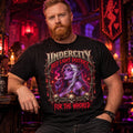 Bearded man sitting in a gothic fantasy tavern with a red banner, wearing the Black "Undercity Red Light District" dark humor gamer T-shirt by SarcasmArt with a gothic Undercity badge with a purple-skinned undead elf, skulls, roses and dripping red lettering.