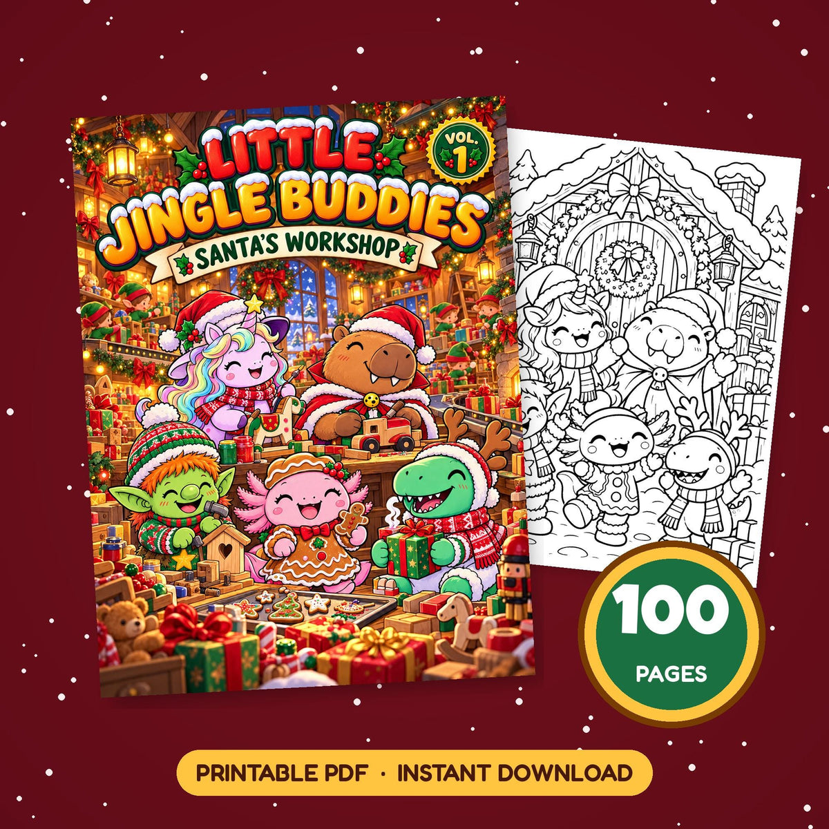 Christmas Coloring Book for Kids – Little Jingle Buddies Vol 1 Santa's Workshop cover, 100 printable pages