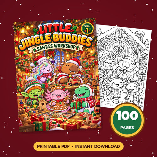 Christmas Coloring Book for Kids – Little Jingle Buddies Vol 1 Santa's Workshop cover, 100 printable pages