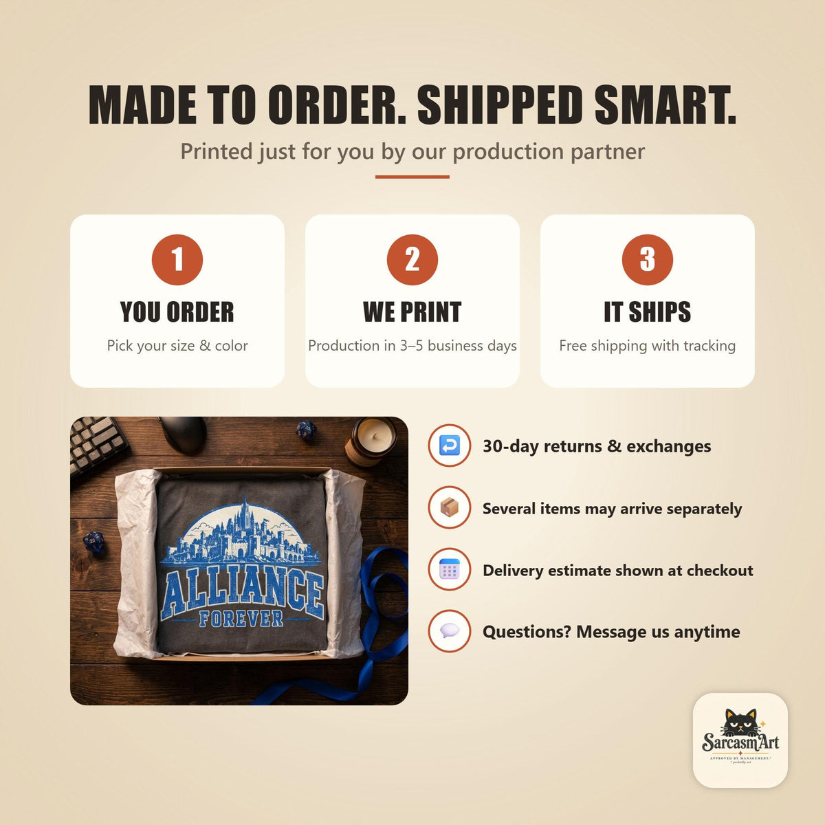 How ordering works for the "Alliance Forever" World of Warcraft gamer T-shirt by SarcasmArt: you order, we print, it ships – made to order by our production partner, with tracked delivery and 30-day returns.