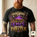 Close-up of the "Epics Stay Forever" funny gamer T-shirt in Black by SarcasmArt, worn by a bearded gamer: the quote "Jobs come and go but EPICS STAY FOREVER" above a glowing purple loot chest in a gold fantasy frame with crossed axes printed large on the chest.