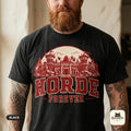 Close-up of the "Horde Forever" World of Warcraft gamer T-shirt in Black by SarcasmArt, worn by a bearded gamer: red distressed HORDE FOREVER varsity lettering over a gothic fantasy castle skyline printed large on the chest.