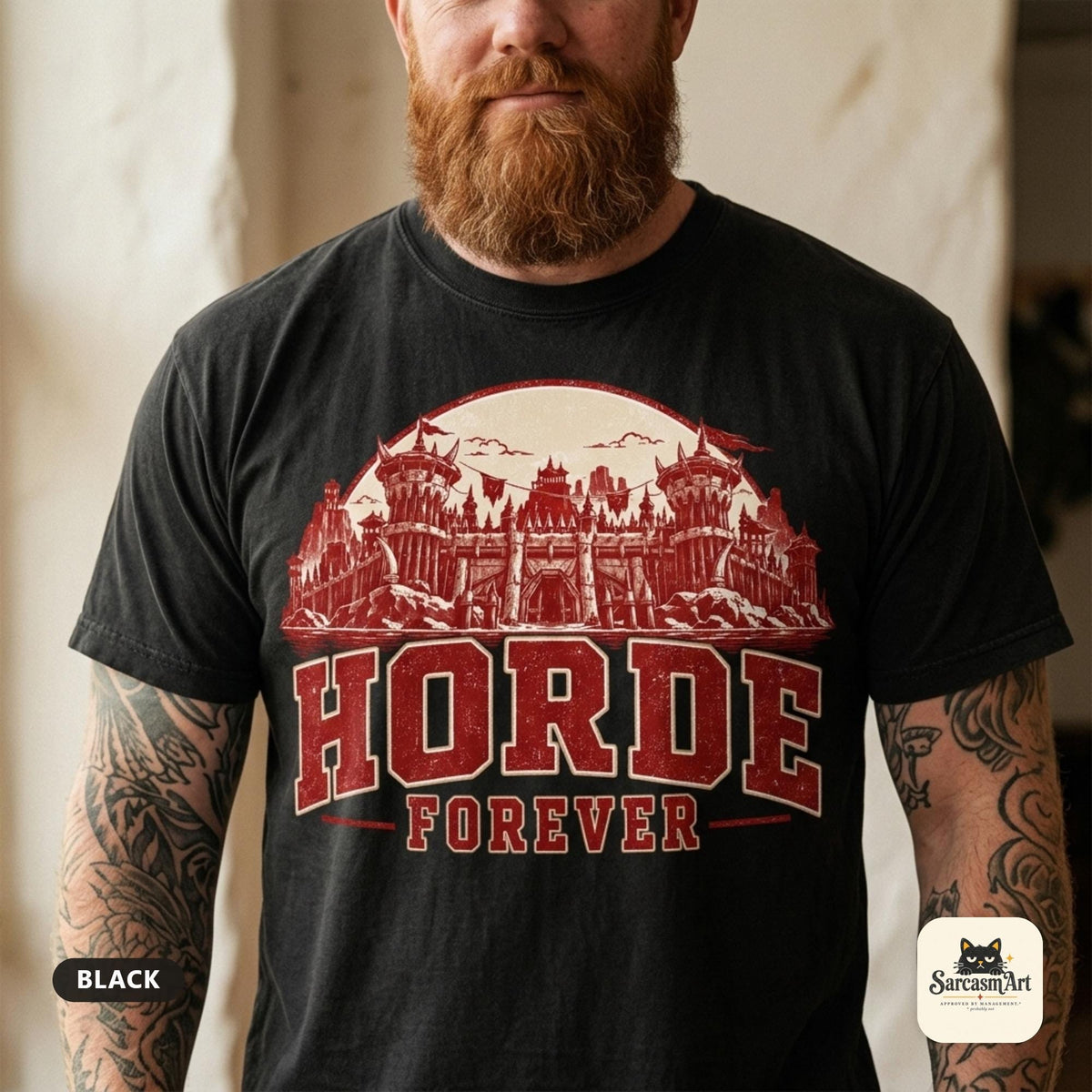 Close-up of the "Horde Forever" World of Warcraft gamer T-shirt in Black by SarcasmArt, worn by a bearded gamer: red distressed HORDE FOREVER varsity lettering over a gothic fantasy castle skyline printed large on the chest.