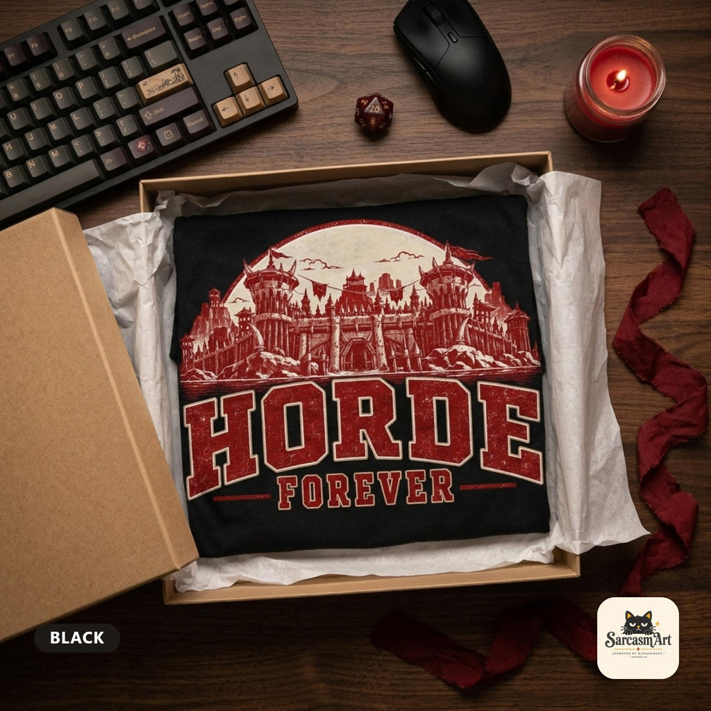 The Black "Horde Forever" World of Warcraft gamer T-shirt by SarcasmArt folded in an open kraft gift box with tissue paper on a desk next to a gaming keyboard, mouse and red mug – ready to give as a birthday or Christmas gift.