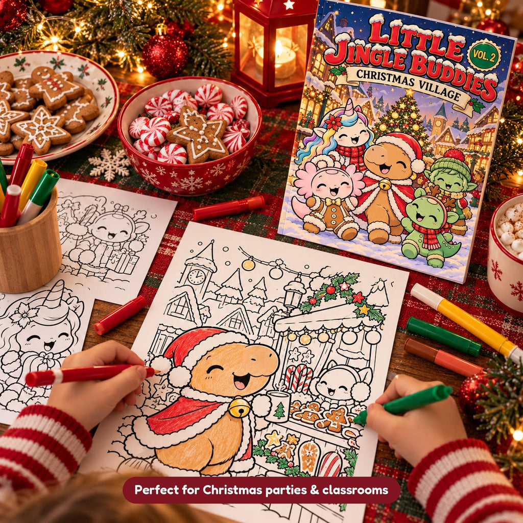 Kids coloring a Little Jingle Buddies Christmas market page at a festive table