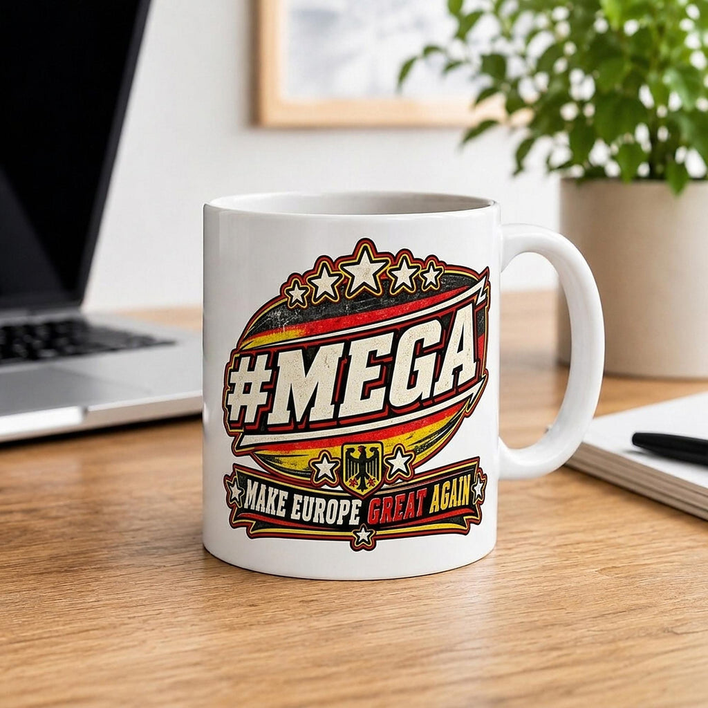 "#MEGA Make Europe Great Again" Germany coffee mug by SarcasmArt on a wooden desk next to a laptop and plant: white 11 oz (325 ml) glossy ceramic mug with a retro #MEGA badge in black-red-gold with a German eagle shield and a MAKE EUROPE GREAT AGAIN banner.