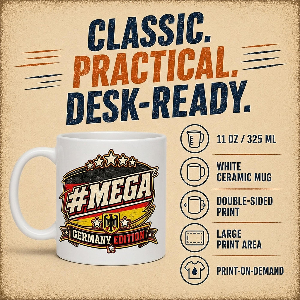 Classic, practical, desk-ready: the "#MEGA Make Europe Great Again" Germany coffee mug by SarcasmArt – 11 oz / 325 ml white ceramic, glossy finish, comfortable C-handle, dishwasher and microwave safe, made to order.
