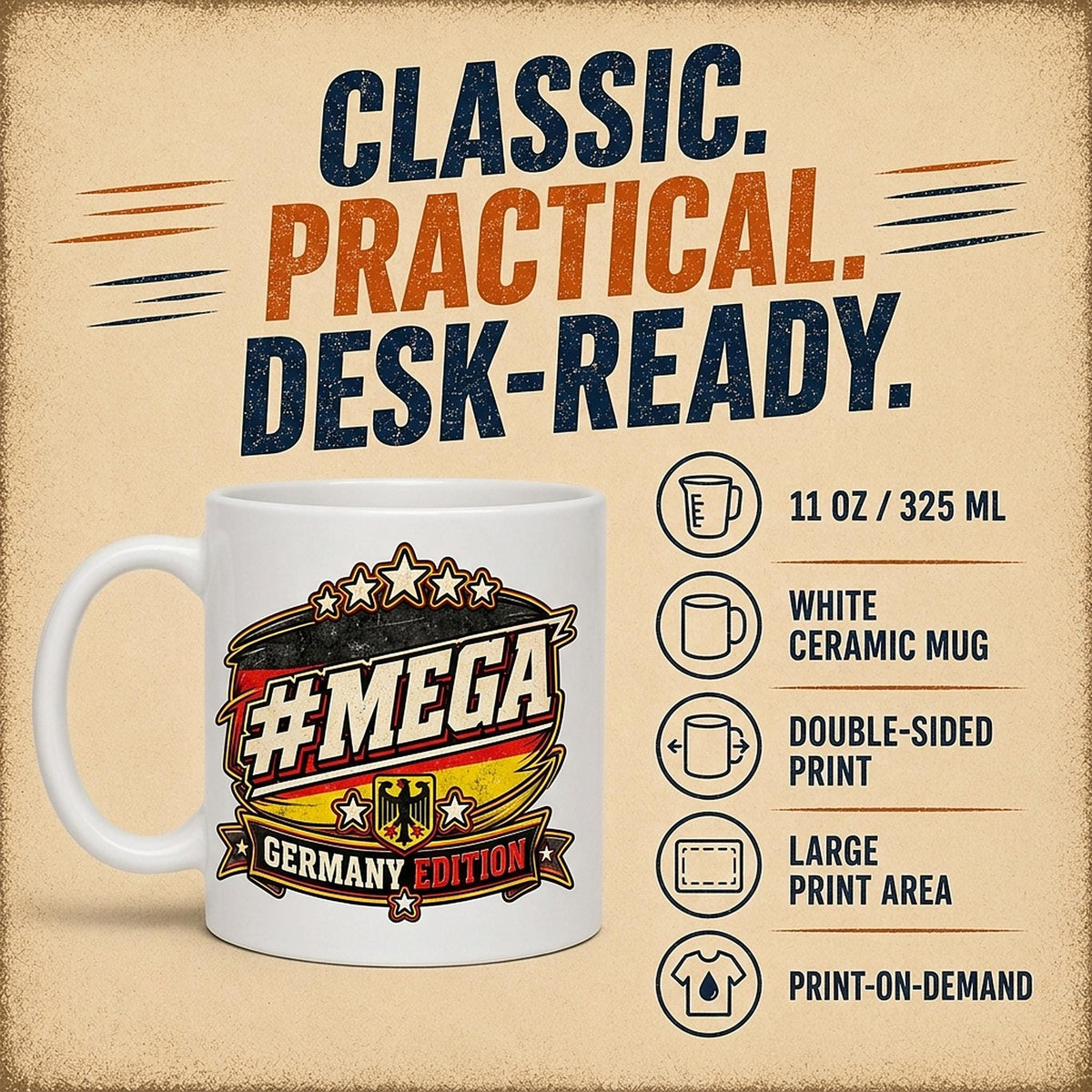 Classic, practical, desk-ready: the "#MEGA Make Europe Great Again" Germany coffee mug by SarcasmArt – 11 oz / 325 ml white ceramic, glossy finish, comfortable C-handle, dishwasher and microwave safe, made to order.
