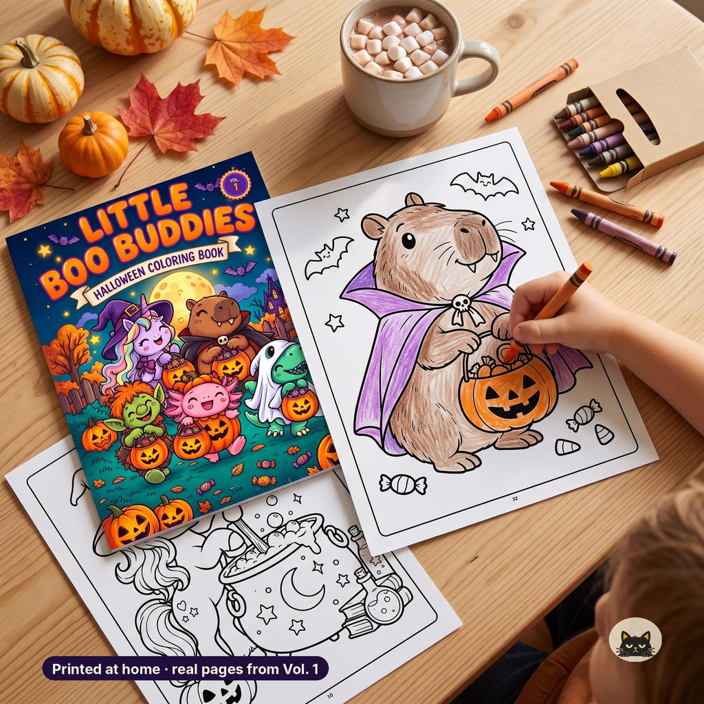 May include: A Little Boo Buddies Halloween coloring book with a cover featuring cartoon creatures, alongside loose coloring pages showing a capybara in a cape and a cauldron, with crayons, a mug of cocoa, and small pumpkins nearby.