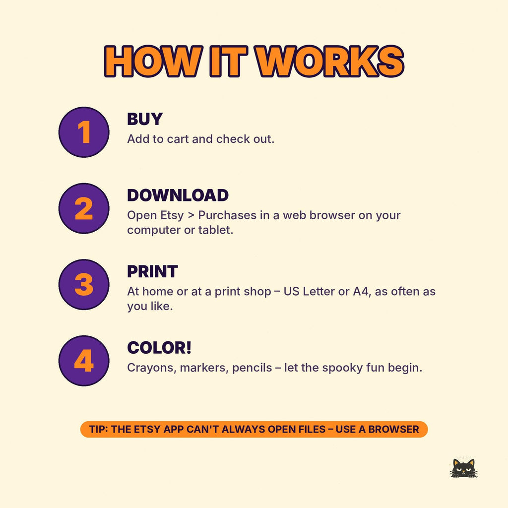 May include: An instructional graphic titled HOW IT WORKS with four purple numbered circles. Steps include: 1. BUY, add to cart and check out. 2. DOWNLOAD, open Etsy in a browser. 3. PRINT, US Letter or A4. 4. COLOR, use crayons or markers. Includes a browser tip.