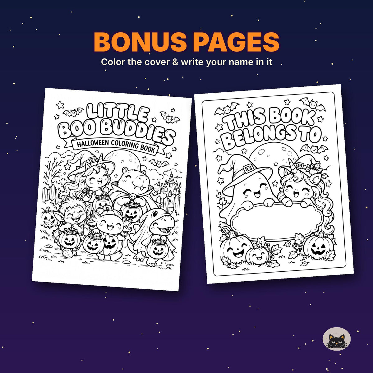 May include: Two black and white coloring book pages featuring Halloween themes. The left page is titled Little Boo Buddies Halloween Coloring Book with characters in costumes. The right page says This Book Belongs To with a ghost and unicorn.