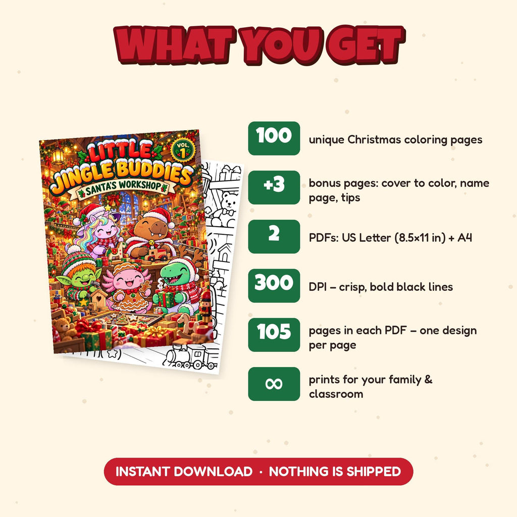 What you get: 100 Christmas coloring pages, 2 PDFs US Letter and A4, 300 DPI