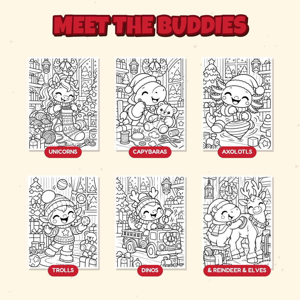 Meet the buddies: unicorn, capybara, axolotl, troll, dino, reindeer and elves coloring pages