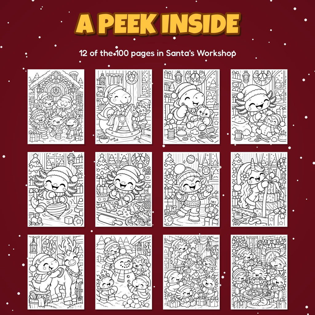 A peek inside: 12 of the 100 Santa's Workshop coloring pages