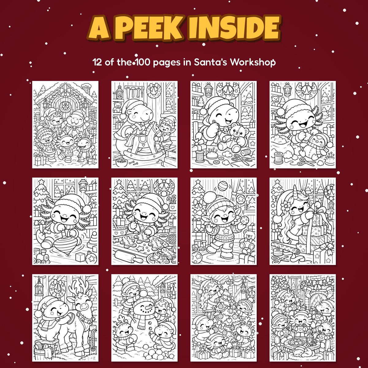 A peek inside: 12 of the 100 Santa's Workshop coloring pages