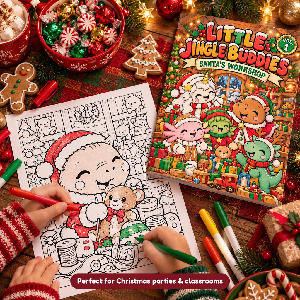 Kids coloring a Little Jingle Buddies page at a Christmas party table