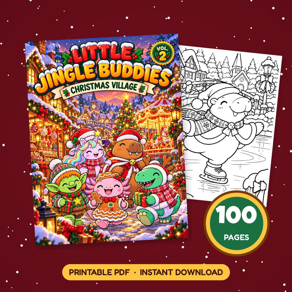 Christmas Coloring Book for Kids – Little Jingle Buddies Vol 2 Christmas Village cover, 100 printable pages