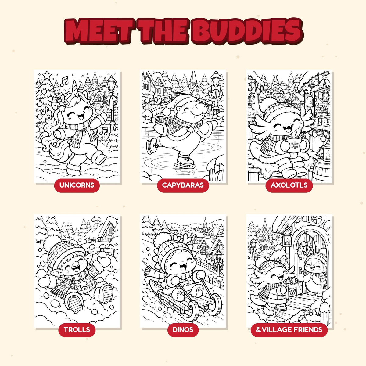 Meet the buddies: unicorn, capybara, axolotl, troll, dino and village friends coloring pages