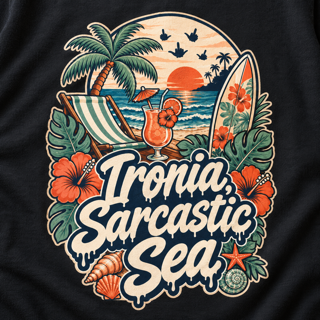 Print close-up of the "Ironia, Sarcastic Sea" retro beach T-shirt by SarcasmArt: vintage tropical beach badge with palm tree, striped deck chair, cocktail, surfboard, sunset, hibiscus flowers and shells around the script lettering Ironia, Sarcastic Sea.